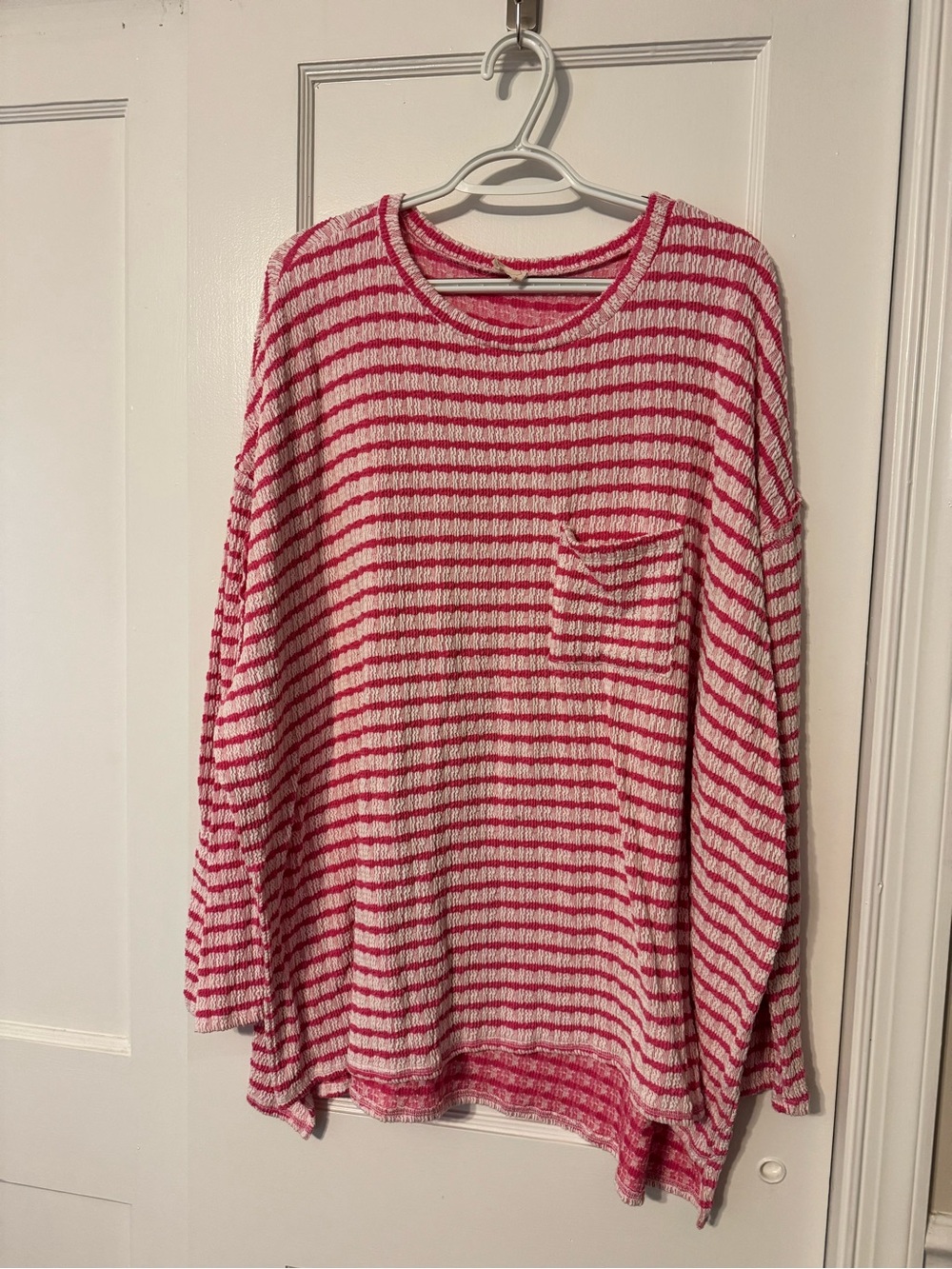Women's Pink and White Striped Lightweight Pocket Sweater